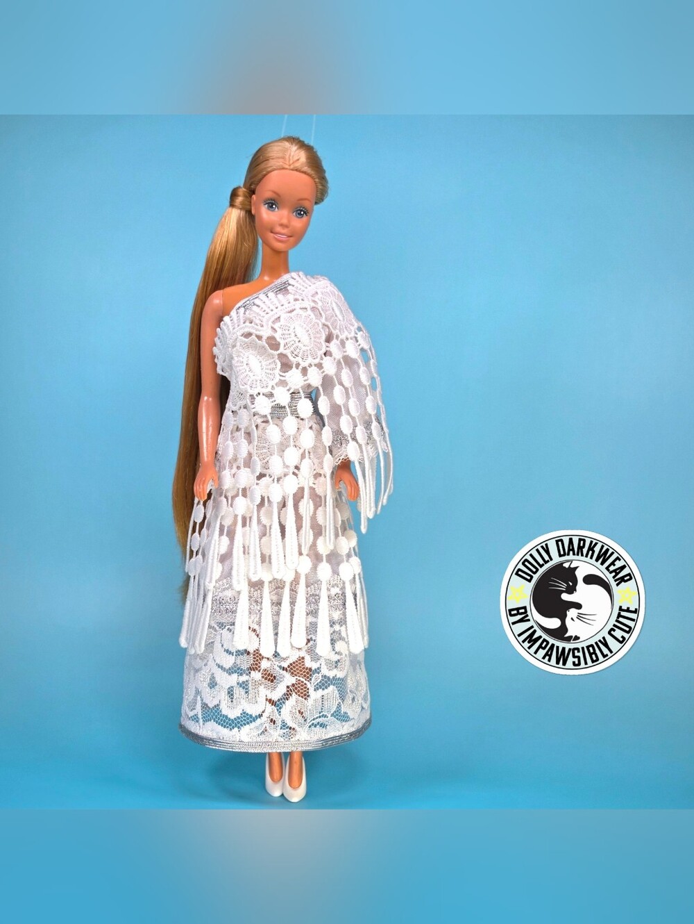 For Superstar Barbie Doll- 70s Bohemian Prarie White Party Dress